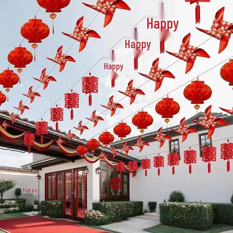 Double Happiness Wedding Bunting: Outdoor Lanterns, String Lights & Hanging Pinwheel Decor