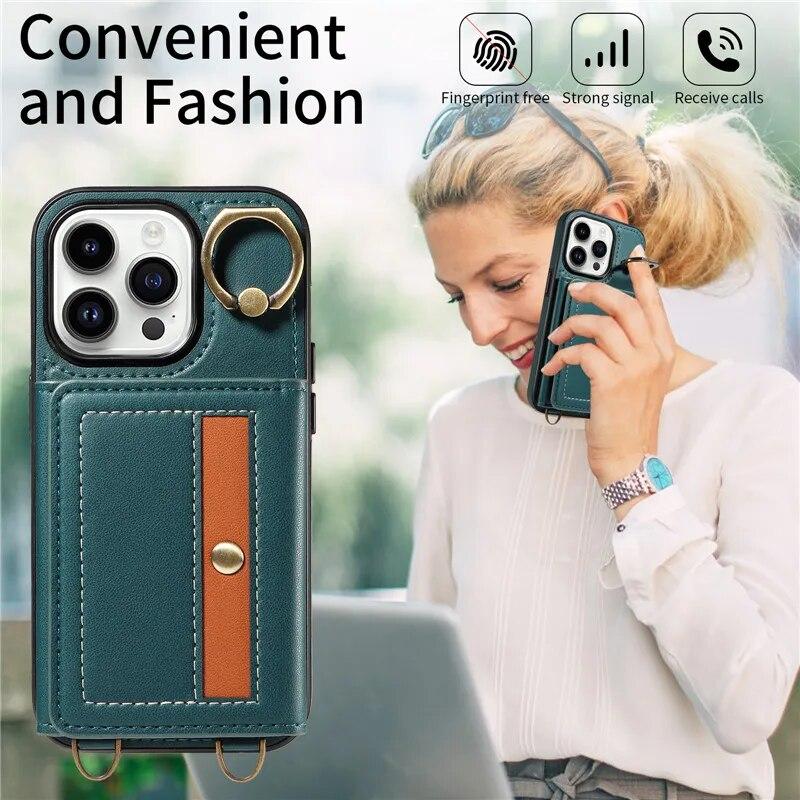 Ring Lanyard Leder Brieftasche Fall für iPhone 15 Pro Max 14 Plus 13 Pro 12 Samsung Galaxy S24 Ultra S23 S22 21 FE A25 A15 A54 A34 A14 Flip Telefon Abdeckung