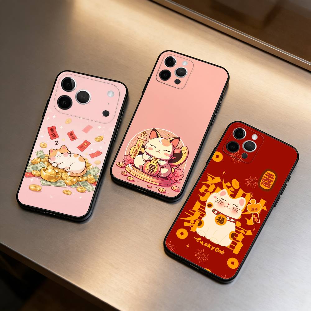 C-Cartoon Lucky Cat Soft Silicone Black Cover,Phone Case For iPhone 17,16,15,14,13,12,11 Plus,Pro Max,XS