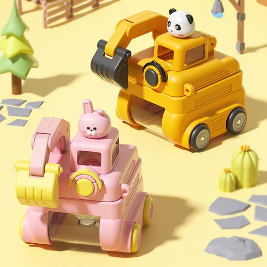 Excavator Water Bottle for Kids 500ml Leak-Proof Cartoon Cup with Wheels Adjustable Strap