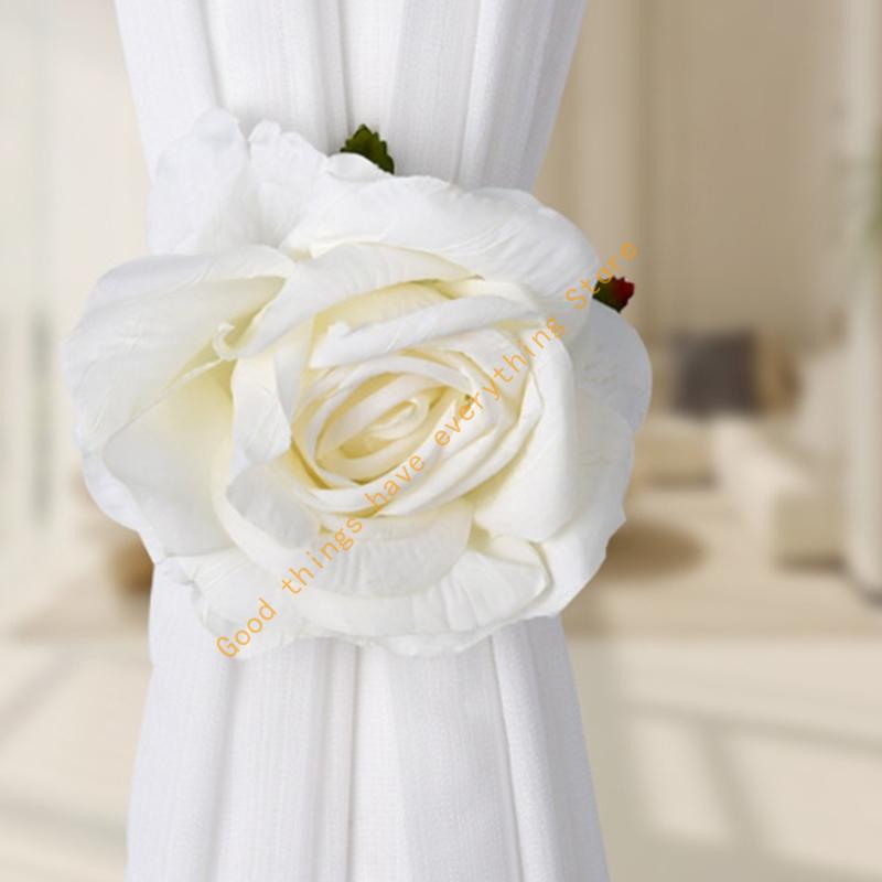 55KF 2PCs Faux Roses Curtain Tiebacks For Window Treatments Durability Polyester Fabric Decorative Clip Holders
