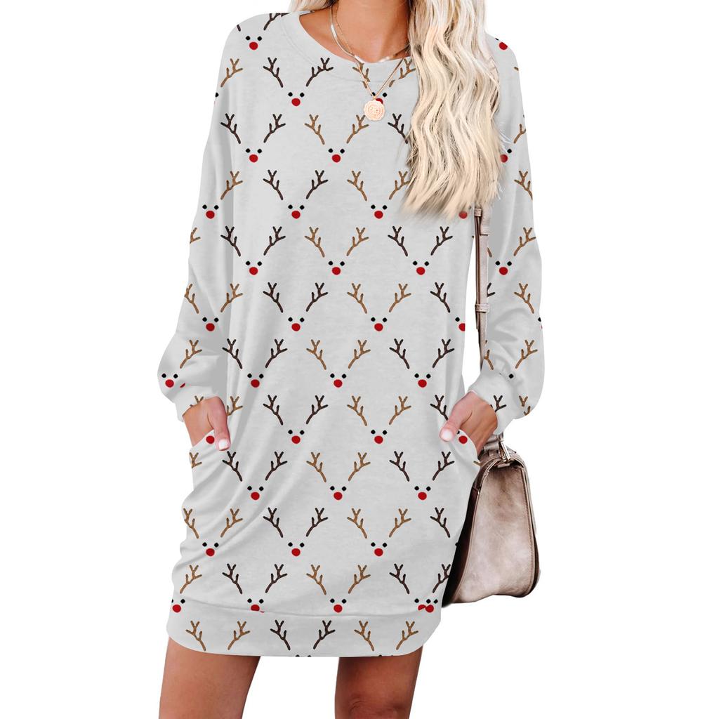 Damen Retro Bedrucktes Modisches Langarm Rundhals Taschenkleid