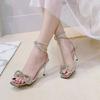 Fashion Women's Sandals Summer 2024 Rhinestone Bow High Heeled Ladies Shoes Ankle Cross Straps Sandales Femmes Square Open Toe Sandalias