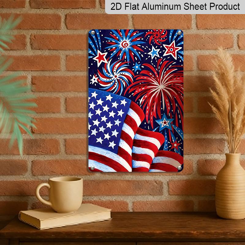 2D Flat 1pc 4th of July Fireworks Metal Sign 7.87x11.81inch - Aluminum Patriotic Independence Day Decor for Home, Yard, Patio - Durable USA Themed