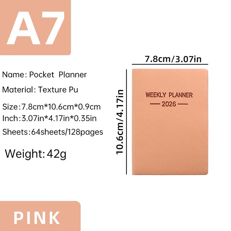 

A7 Specification 2026 English Planner Book, Mini Portable Pocket Daily Schedule Book Thin Weekly Calendar розовый