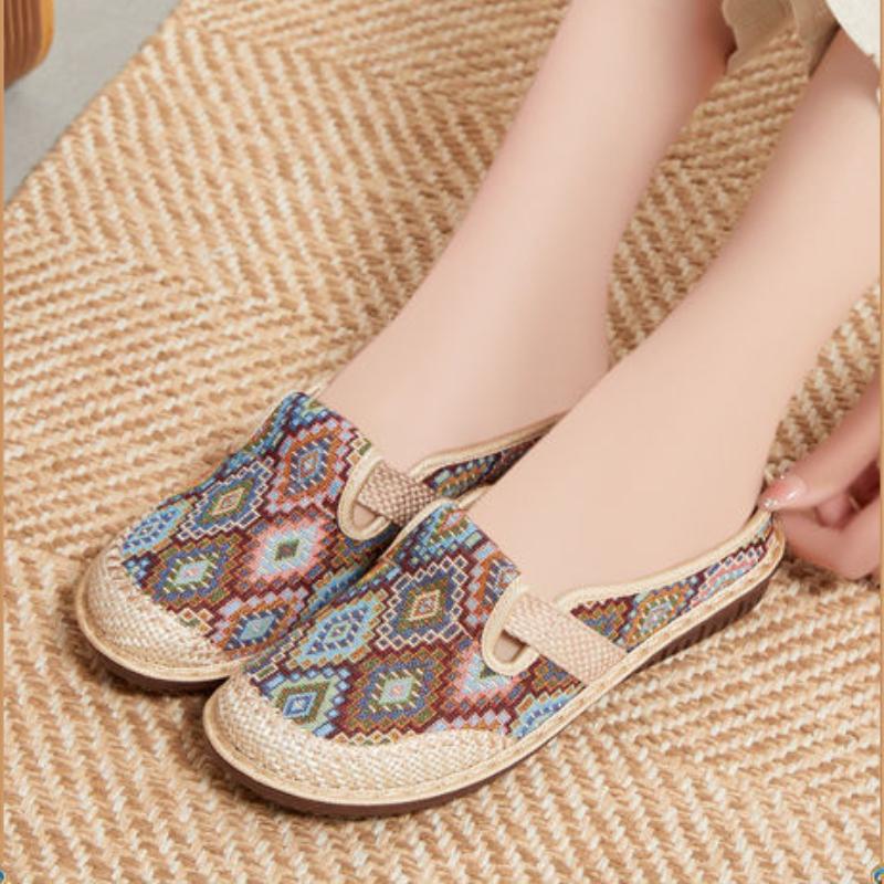 Women's ethnic style half slippers with linen toe caps, women's soft soled casual single shoes