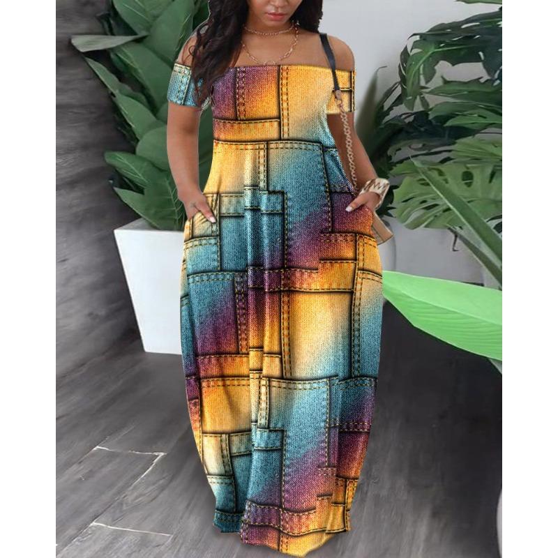 Women's Fashion Summer Spring Colour Block Print Short Sleeve One Shoulder Loose Waistlinet Casual Dresses