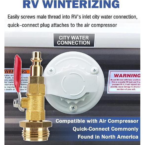 RV Winterizing Kit, RV Blowout Adapter With Shut Off Valve, Sprinkler Blowout Adapter With Quick-Connect Plug To 3/4" Garden Hose, Camper Winterize