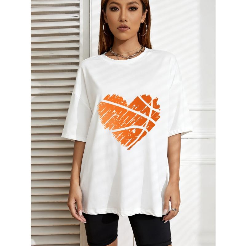 White Oversized T-Shirt With Orange Heart Basketball Print For Casual Wear