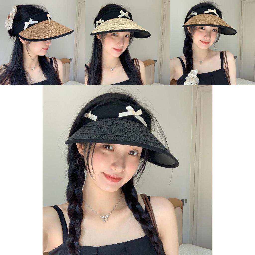 Summer Black Straw Wide Brim Hat For Women With Bow Adjustable For Outdoor Use