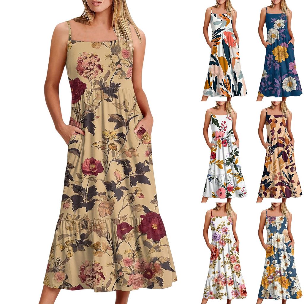 Women's Long Beach Casual Elegant Spaghetti Strap Maxi Dress Stitching Low-key Flowing Bohemian Dress