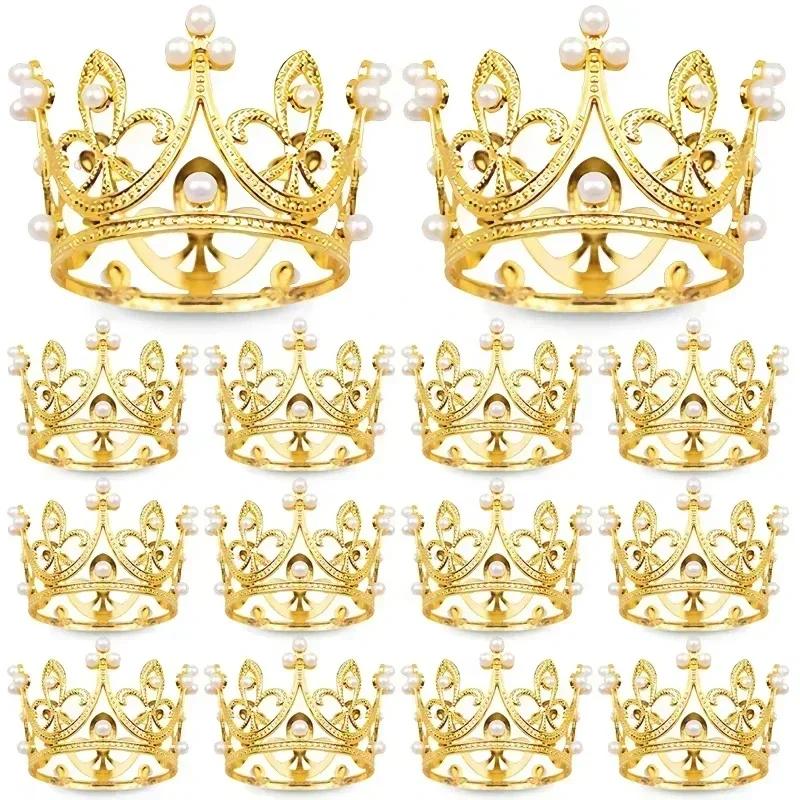 Mini Pearl Crown Cake Decoration Gold Silver Cupcake Topper Kids Hair Ornaments DIY Cake Baking Birthday Party Favors Supplies