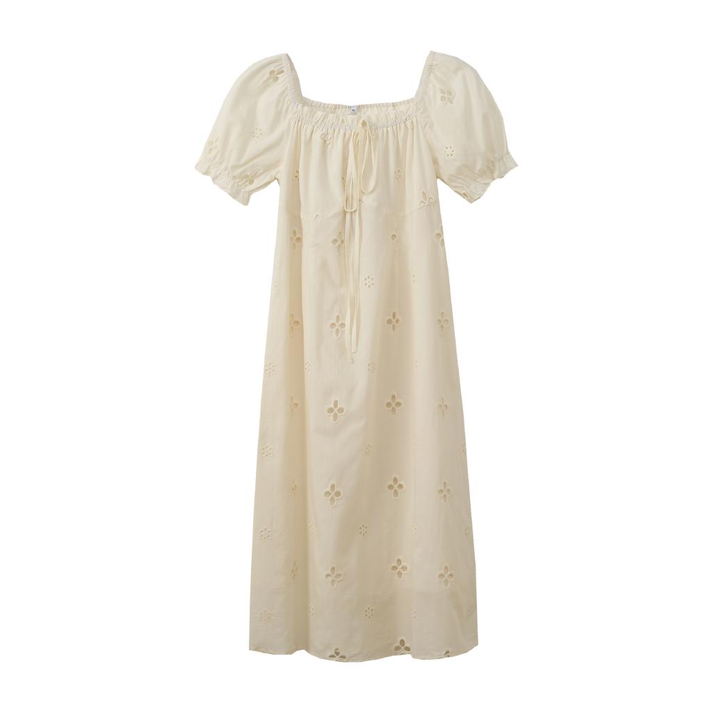 French Square Collar/one-word Shoulder Hollow Dress Women's Summer New Fat Mm Waist Medium and Long Dress 232263