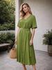 European-Style High-End Stretchy Linen V-Neck Long Dress for Women, Suitable for Summer and Autumn Commuting.