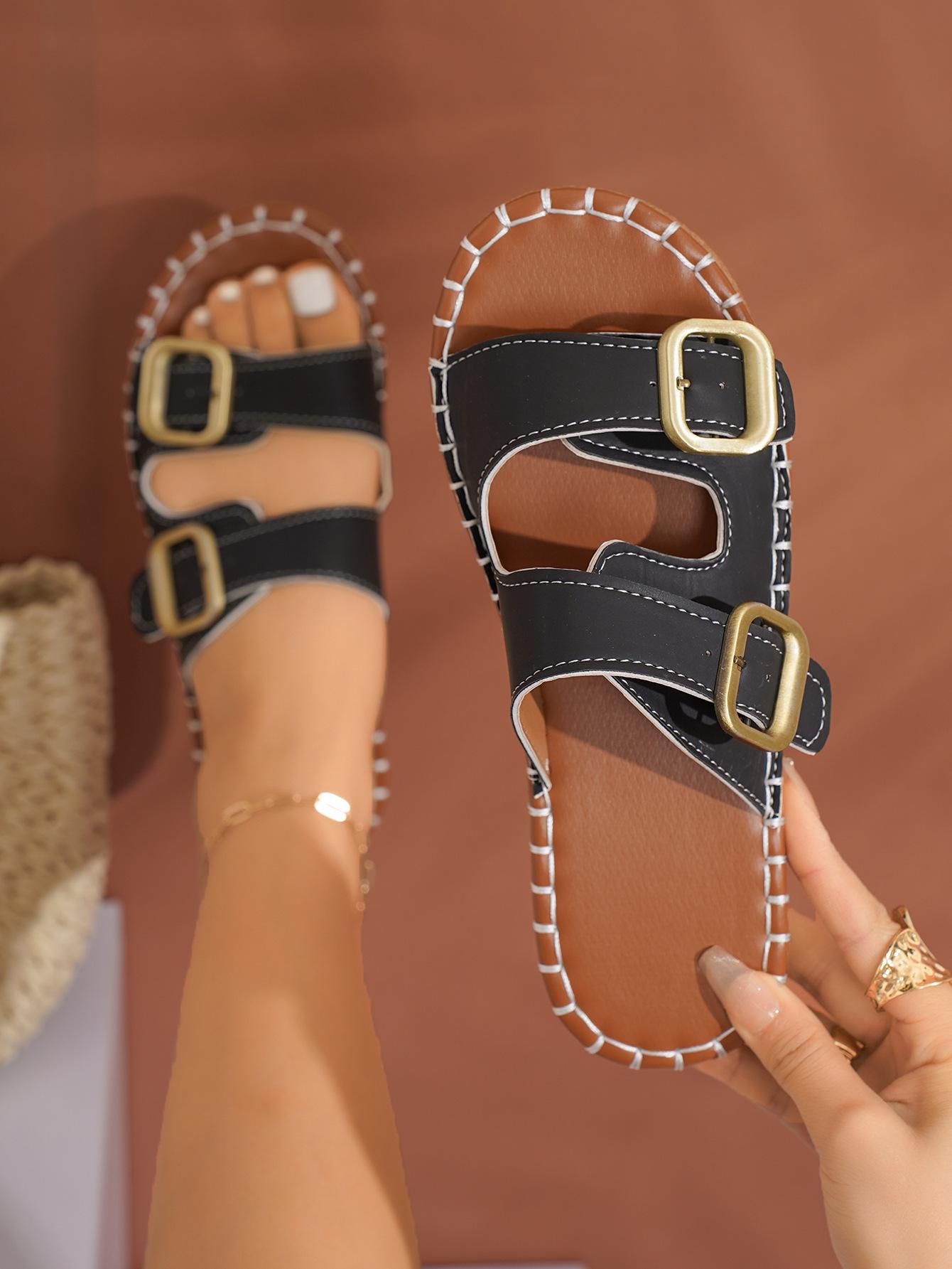 

Foreign trade slippers women s 2025 spring and summer new round head soft bottom double buckle one-word outer wear beach cool slippers 36