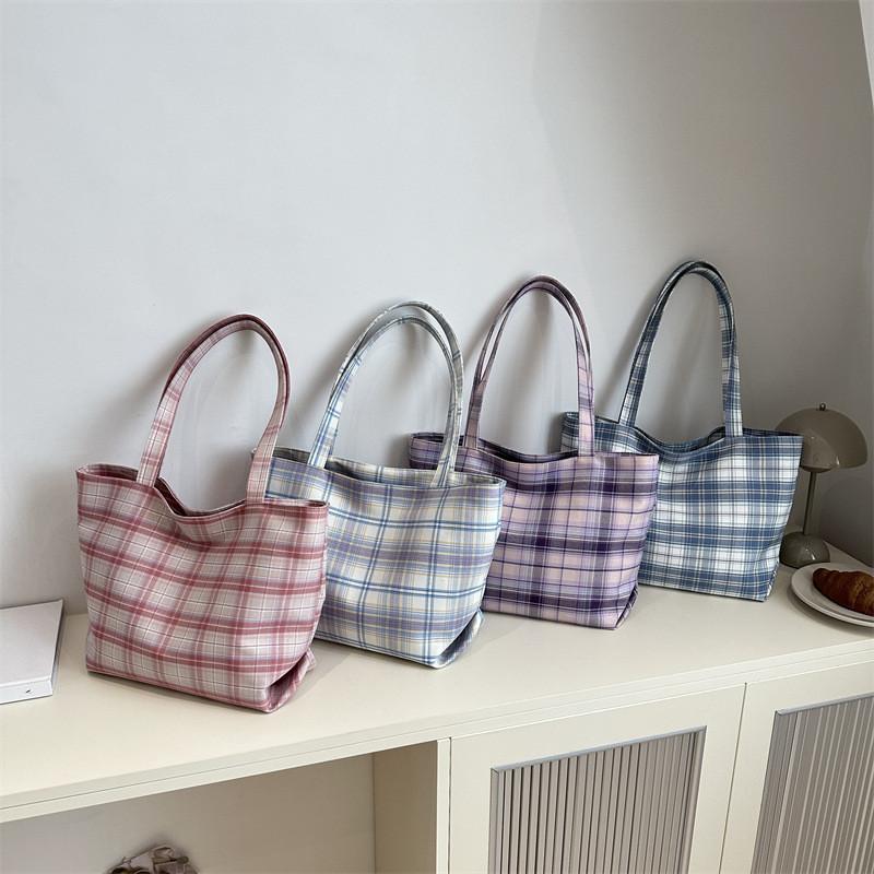 Stylish Colorblock Plaid Tote Bag For Women In Pink Blue And Purple For Everyday Use