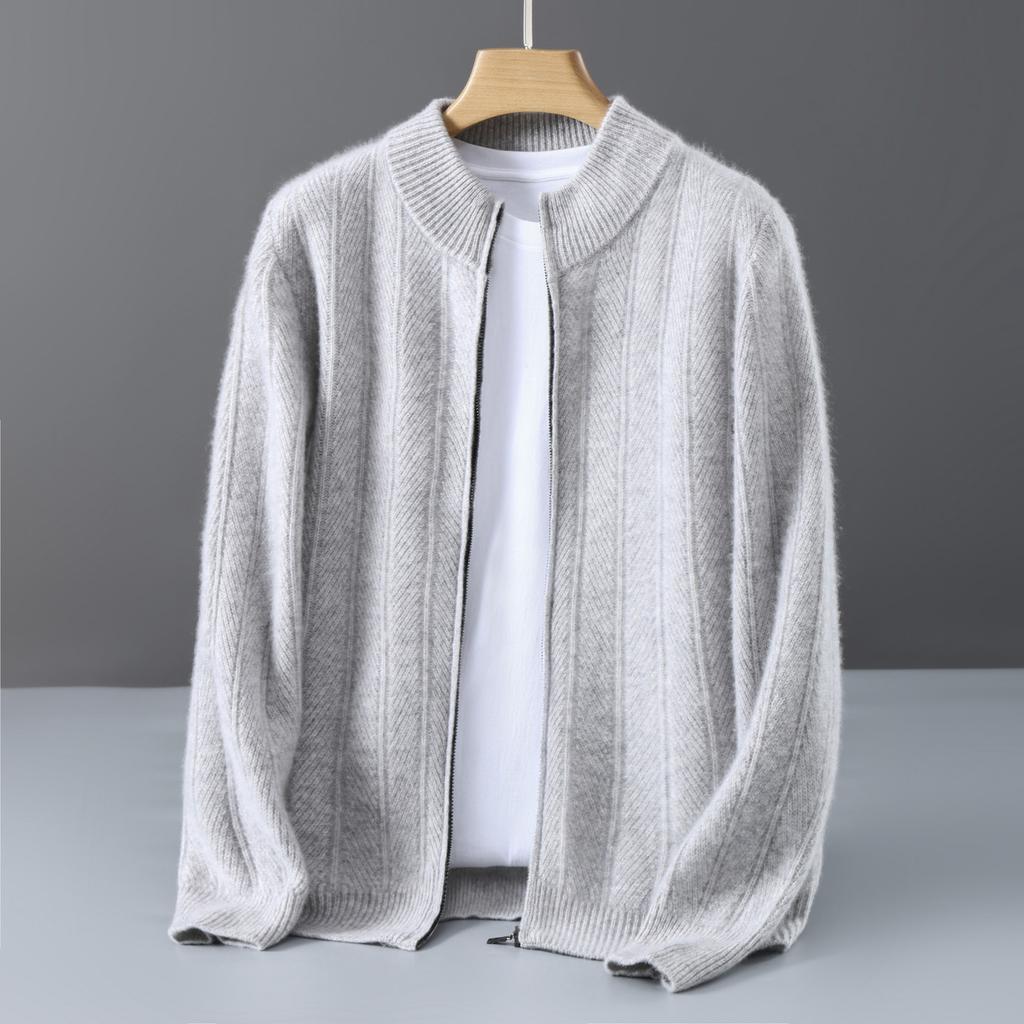 100% Pure Wool Knitted Jacket Men'S Wheat Ear Jacquard Business Casual Stand-Up Collar Zipper Cashmere Cardigan Loose And Versatile