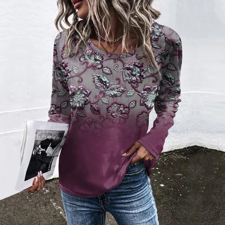 Spring and Autumn Round Neck Flower Pattern 3D Printed Top Fashionable Casual Retro Long Sleeved Women's T-shirts