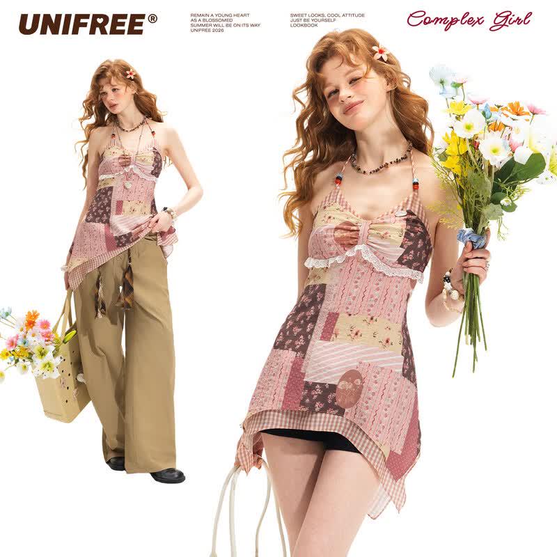 UNIFREE Bohemian Patchwork Floral Chiffon Blouse L