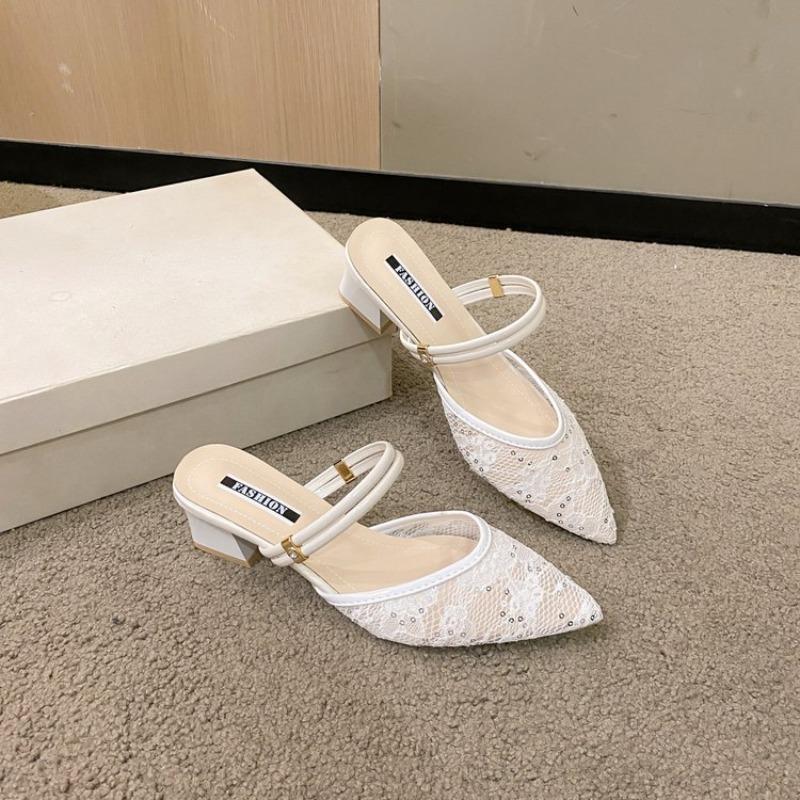 Fashion Large Size Women's Summer Outdoor Sandals Pointed Toe Mesh Upper Thick Heel Slip-On Korean Style Rubber Bottom Flats