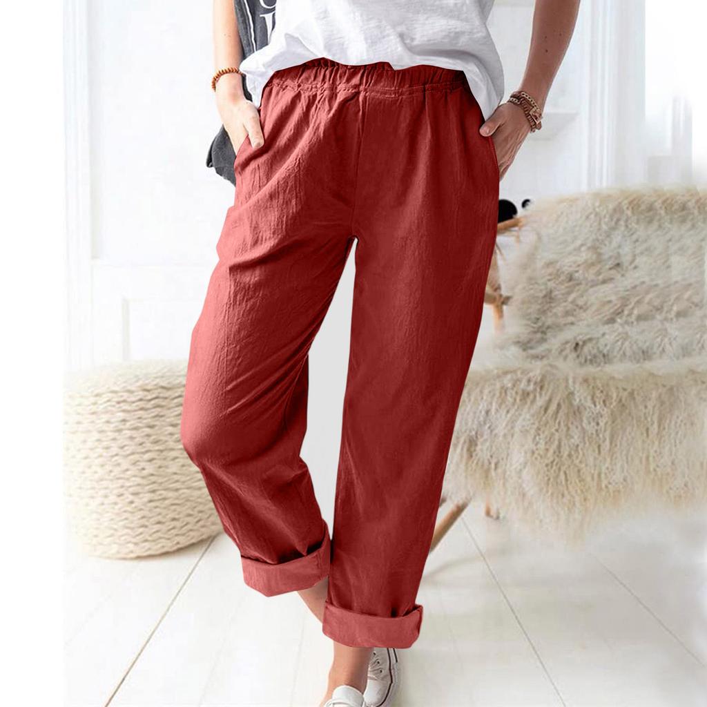 Damen Leinen Weite Hosen Elastischer Bund Lässige Lockere Hosen mit Taschen Leichte Alltags Hosen