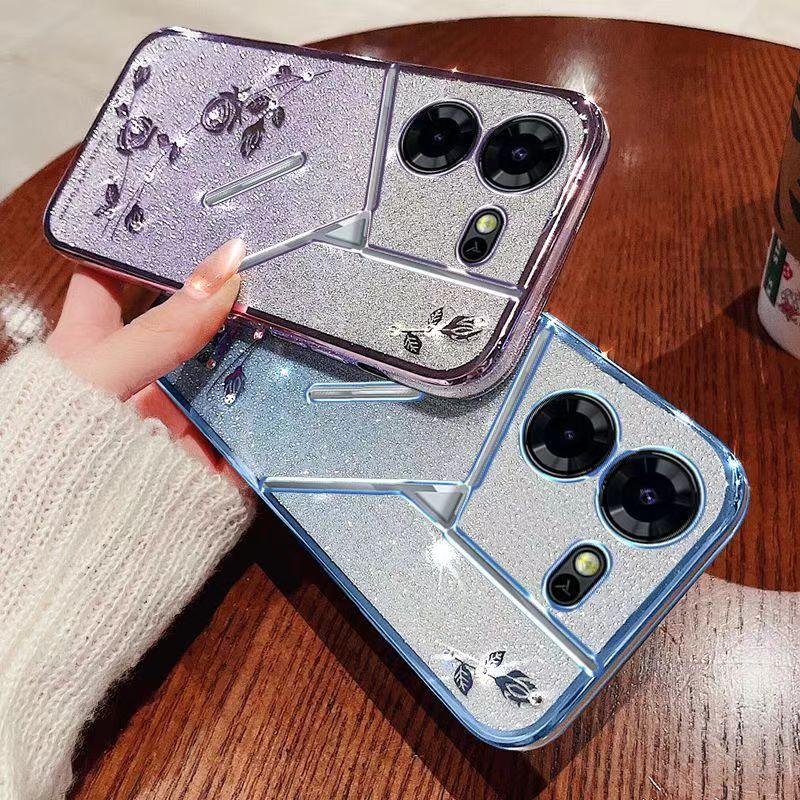 Phone Case For Tecno Pova 5 Pro 5G, Flash Pink Flower Transparent Shock Protection Luxury Diamond Shining Protective Cover