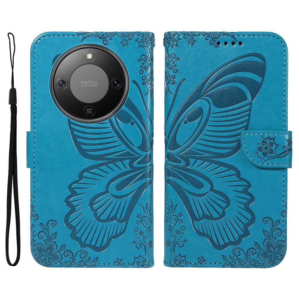 For Honor Magic8 Lite 5G/X9d 5G/X70 5G Case Butterfly Pattern PU Leather Folio Flip Phone Cover -  Blue