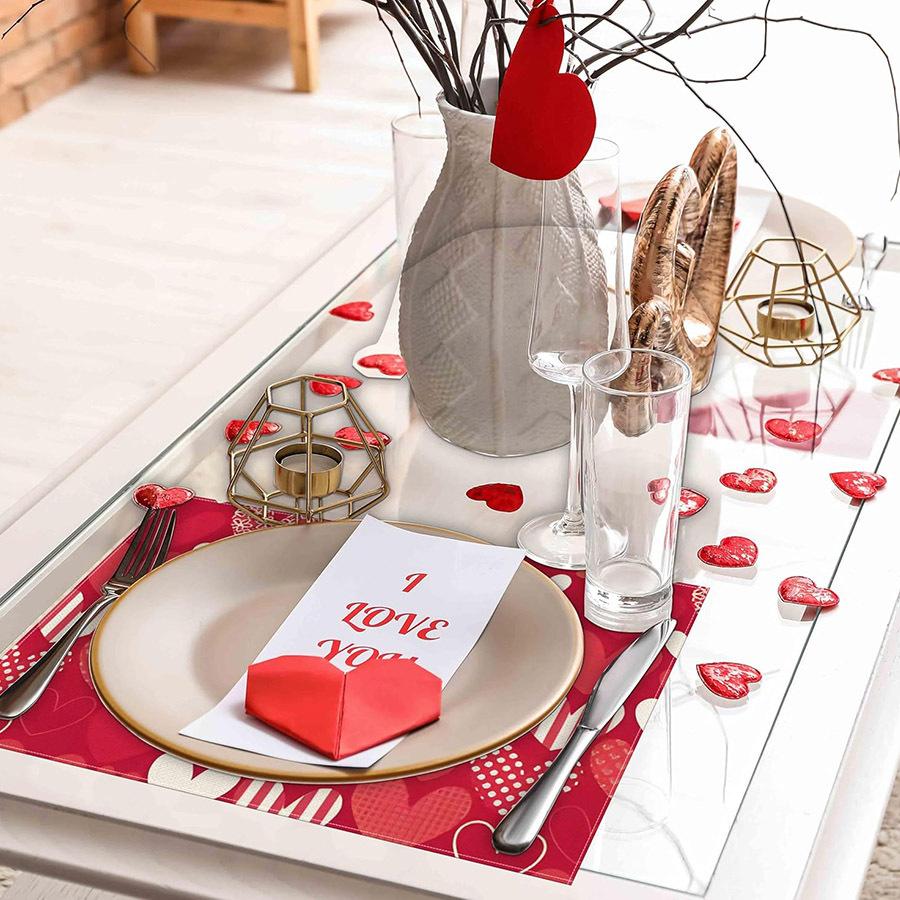 4pcs Buffalo Plaid Red Heart Placemats - Red & Checkered Suitable for Handwashable Table Mats for Wedding, Anniversary, Valentine' Day