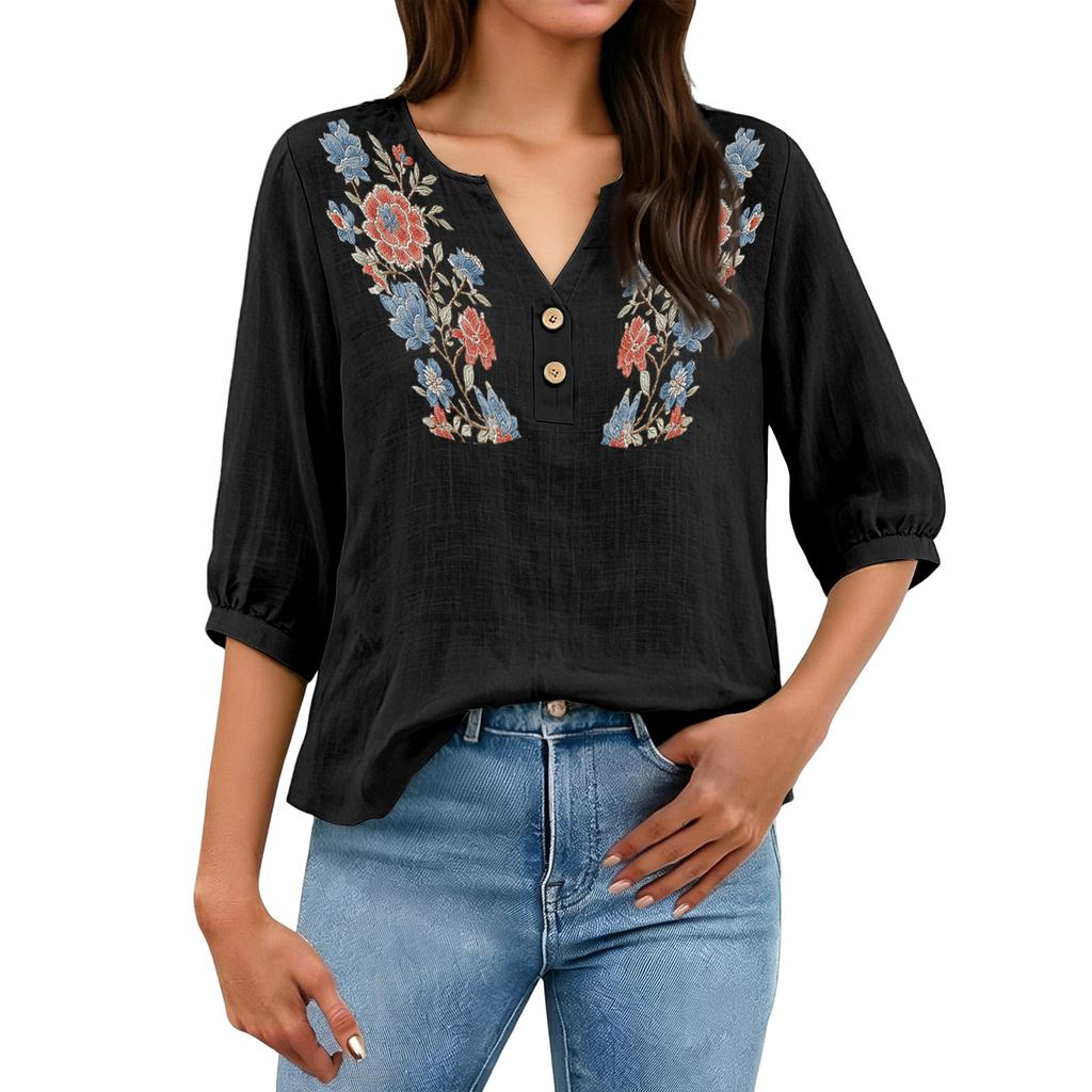 Women Floral Pattern Henley Button Neck Shirt Three Quarter Sleeve Loose Fit Linen Cotton Blouse Casual Top for Daily Wear