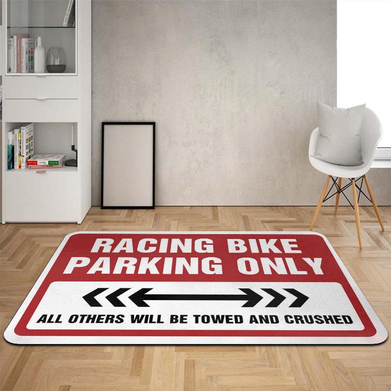 Racing Bike Parking Only Text Doormat, Sporty Warning Slogan Non-Slip Rug, Durable Washable Welcome Mat for Entryway and Garage