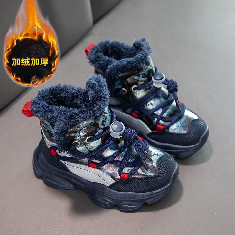 Boys' winter new fashion children's short boots fleece thickened elastic band large cotton boots girls medium and older children's snow boots