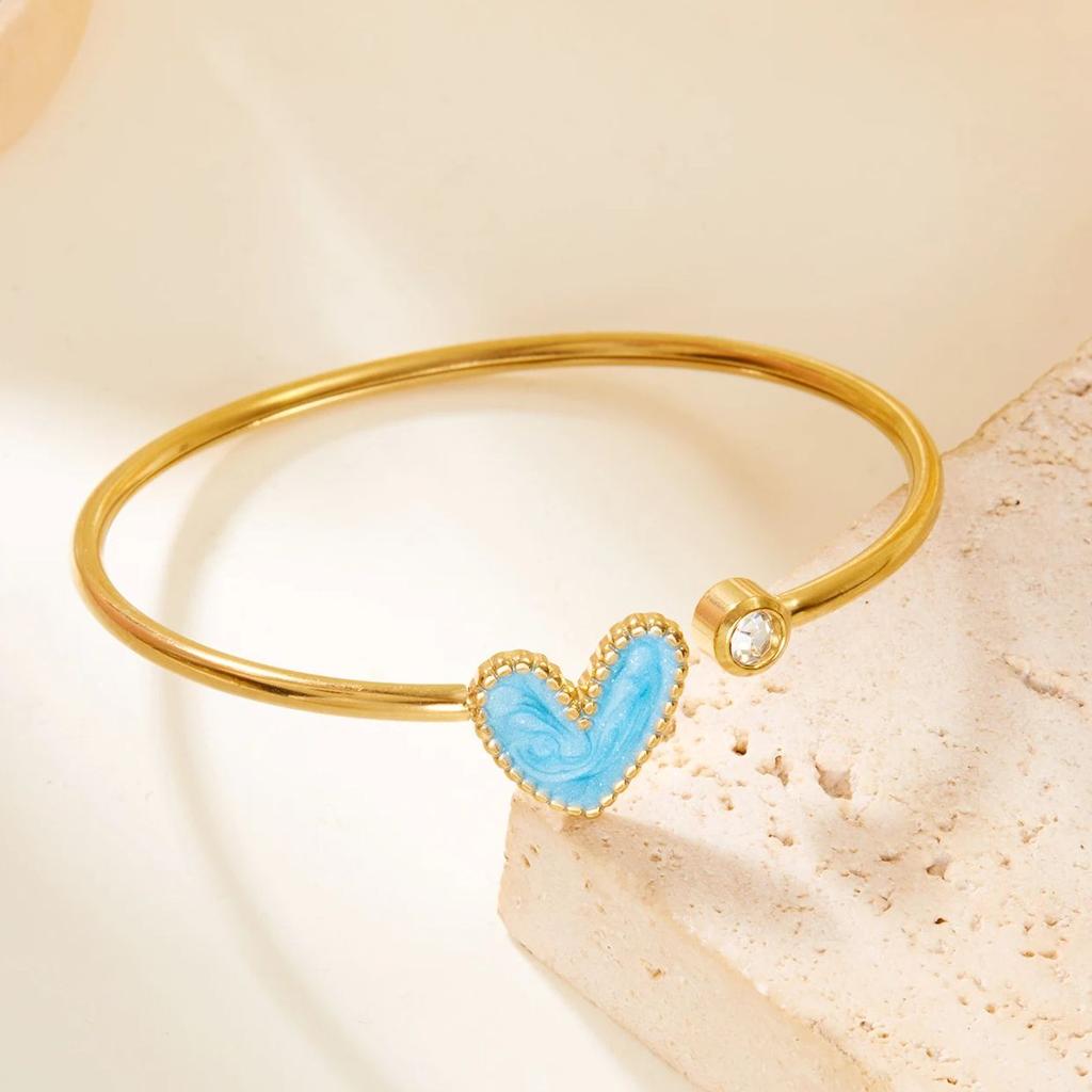 New Trendy Gold Plated Simple Heart Cuff Bangles for Women High Quality Stainless Steel Crystal Bracelets Waterproof Jewelry