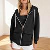 Women's Fashionable Solid Color Long Sleeved Casual Zipper Pocket Hooded Sweatshirt Jacket