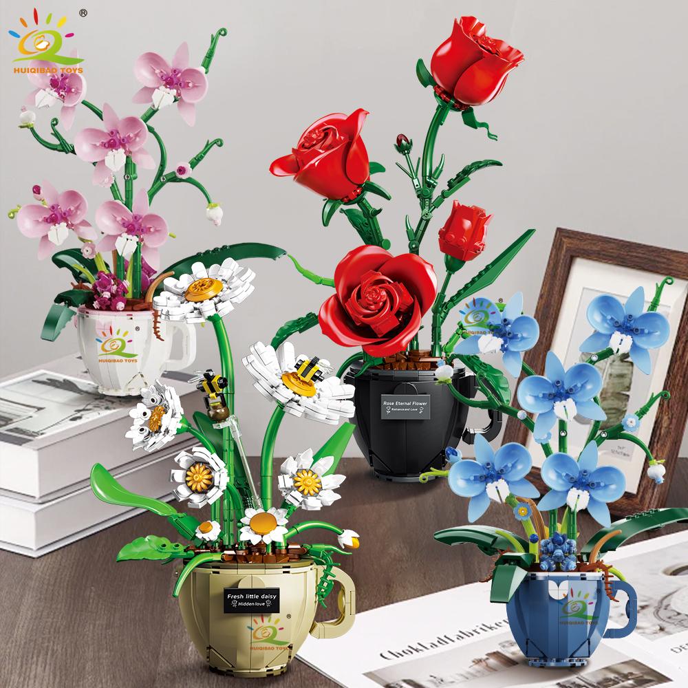 Flower Orchid Rose Daisy Coffee Cup Potted Building Blocks Bouquet MOC Bricks Toys DIY Home Desk Plant Decoration