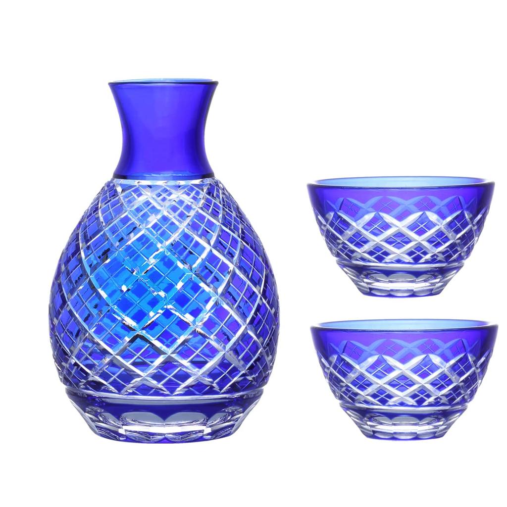 Nostalgia Kiriko Glass Cups for Sake of 2 Sake 1 with Diamond Current Model J-kitchens (Set Cups, Tokkuri) Pattern, Blue,