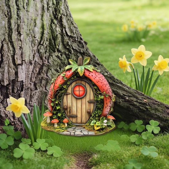 Wooden Fairy Garden Decoration, Tree Hollow Cottage Door with High-Definition UV Printing, Waterproof Acrylic Outdoor Garden Ornament for Plants Pots