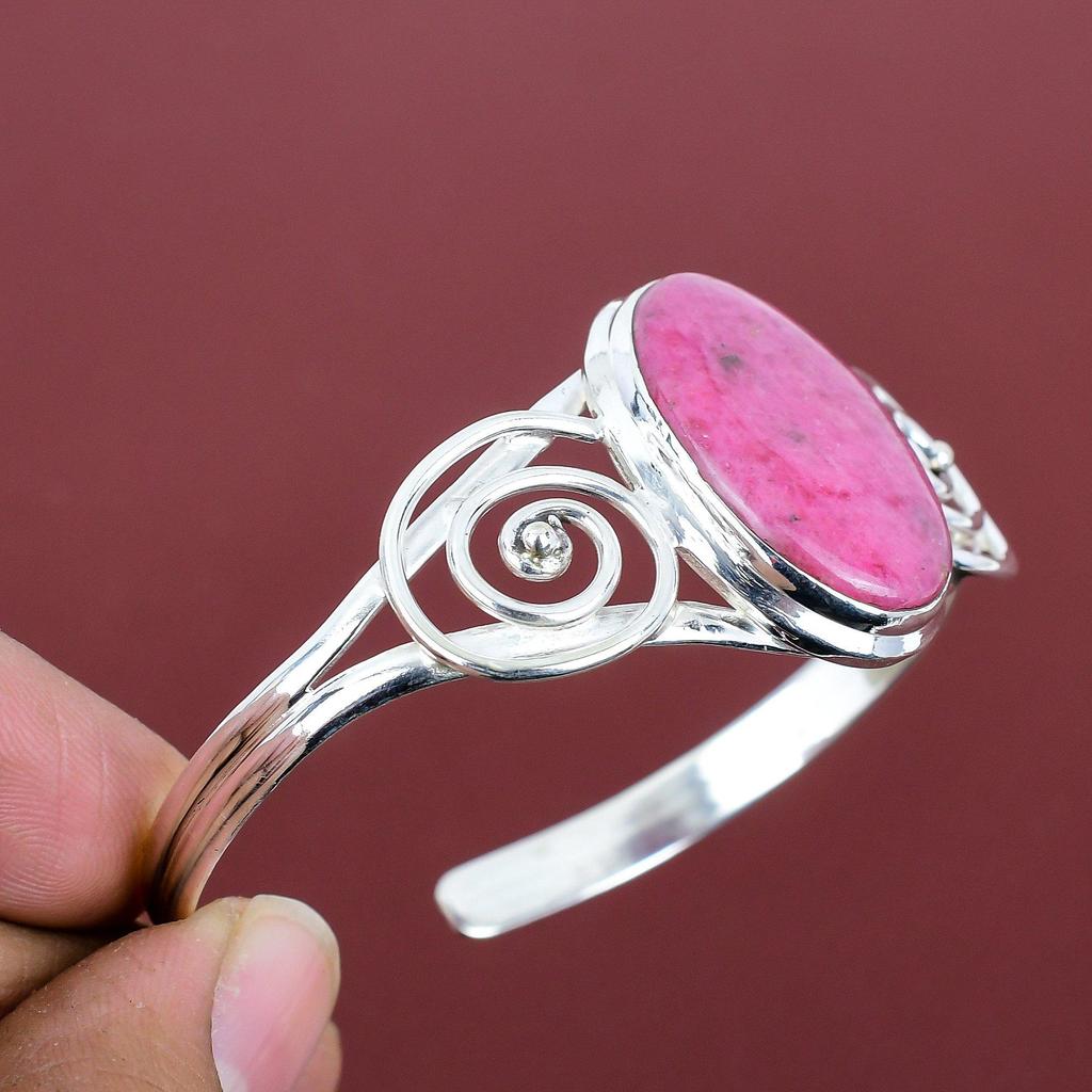 Rhodonite Bangle Gemstone Cuff Bracelet Unique Jewelry 925 Sterling Silver Bangle Adjustable Cuff Bracelet Handmade Jewelry Gifts for Friend