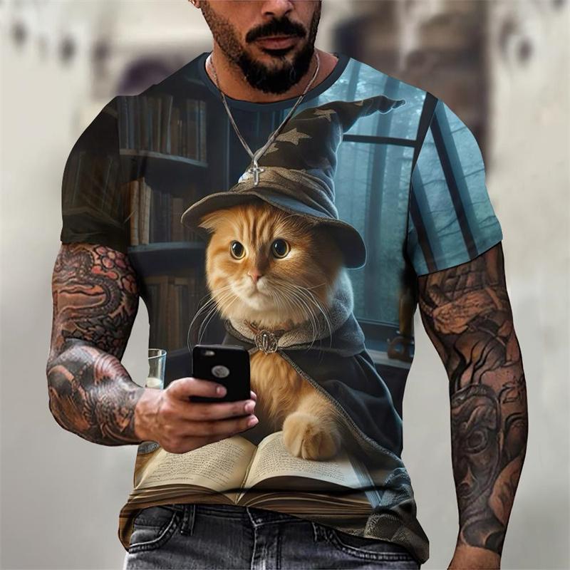 3D Printed Magical Poster Wizard Cat T Shirt For Men Funny Cute Animal Pattern T-Shirts Summer Short Sleeve Round Neck Tops Tees