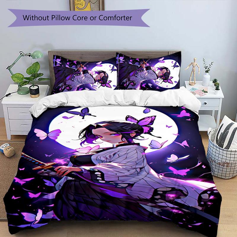3pcs Demon Slayer Shinobu Kocho pattern bedding set duvet cover set includes duvet cover &pillowcases, perfect all season bedroom decoration & gift