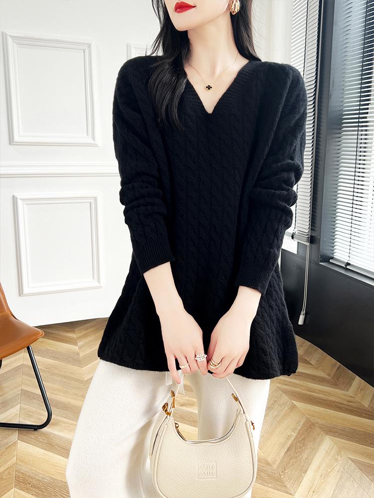 Women's Mid-Length Cable Knit Wool Sweater - Soft, Loose, V-Neck, Perfect for Autumn and Winter, Wear as Outer or Base Layer.
