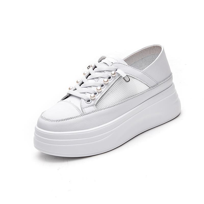 Two Wearing Little White Shoes Women's Spring and Summer New Mesh Breathable Lightweight Thick Sole Heightening Soft Leather Lace-up Casual Shoes