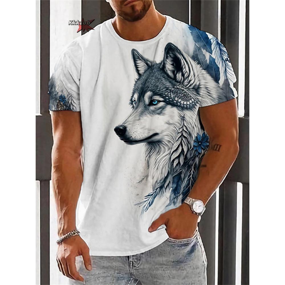 Summer Wolf Fire Dragon Printed Men's T-shirt Men's Printed Fashion Festival Round Neck Men's Short Sleeve Outdoor Street Casual T-shirt