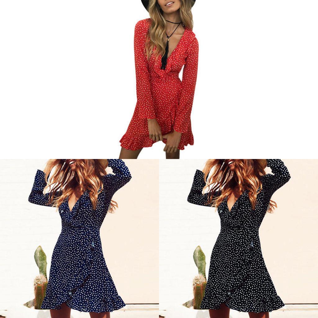 Elegant 128 Digital Print Irregular Ruffle Hem Polka Dot Deep V Chiffon Dress For Stylish Adults