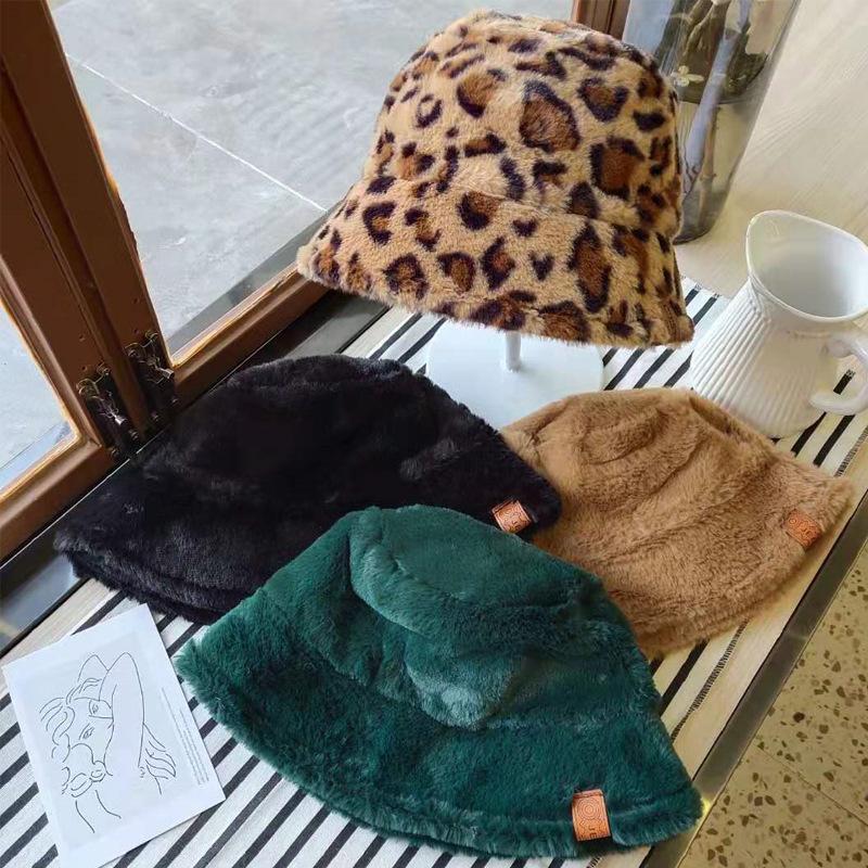Hat female autumn and winter sweet and cute imitation fur barrel leopard print plush fisherman warm thickened basin hat tide