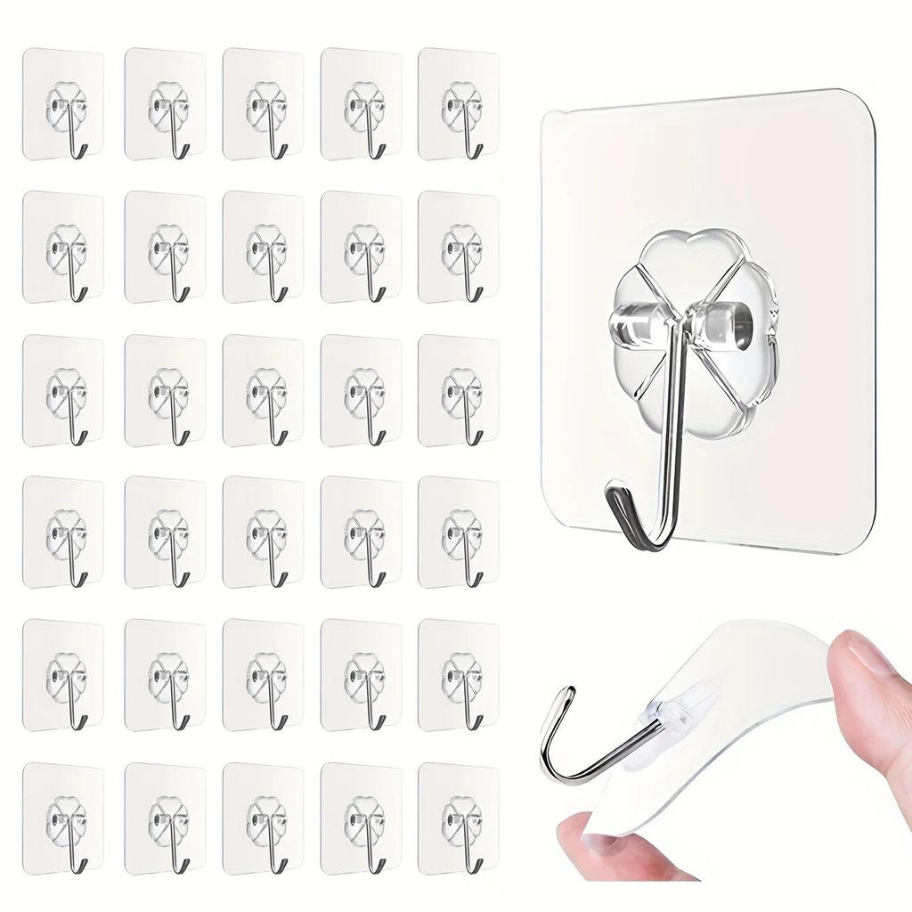 30pc Transparent Wall Mount Hooks - Strong Grip, Traceless, Easy Install, Multifunctional for Modern Decor