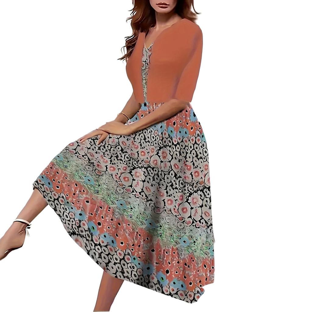 Damenkleid mit floralem Print, Kurzarm-Cardigan und rosa Rosendesign