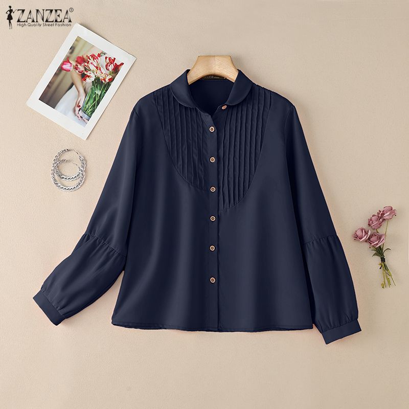 ZANZEA Kadın Rahat Yakası Açık Düz Renk Bol Uzun Kollu Bluz