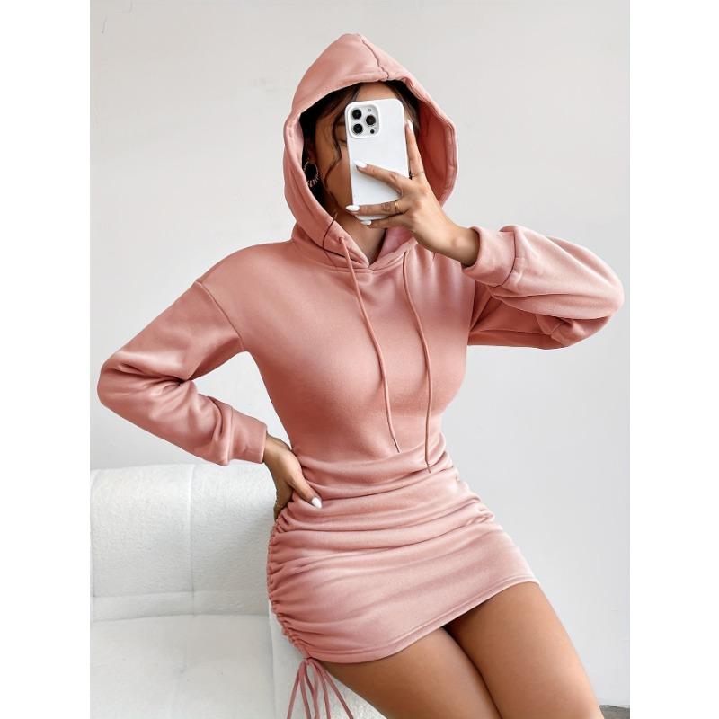 Women Fashion Side Drawstring Pleated Hooded Long Sleeve Sweatshirt Dress