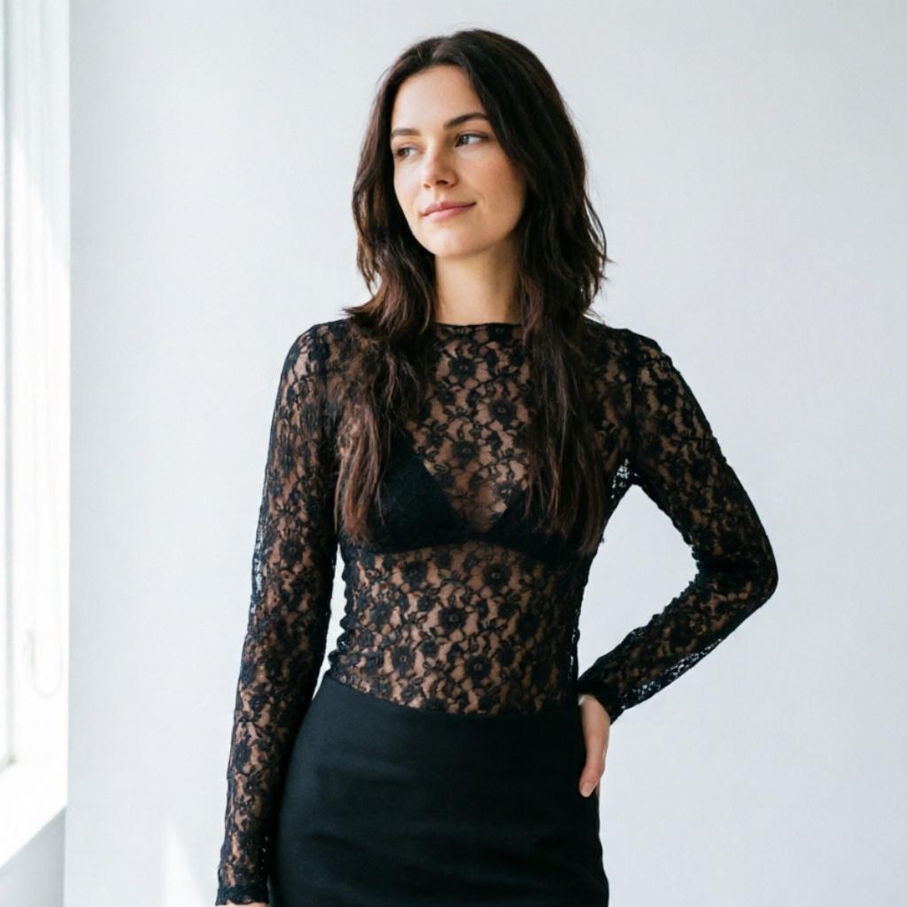 Dlouhý rukáv Průhledný krajkový crop top Jednobarevné Sexy bodycon tričko Pro ženy Párty Klub Podzimní zimní oblečení