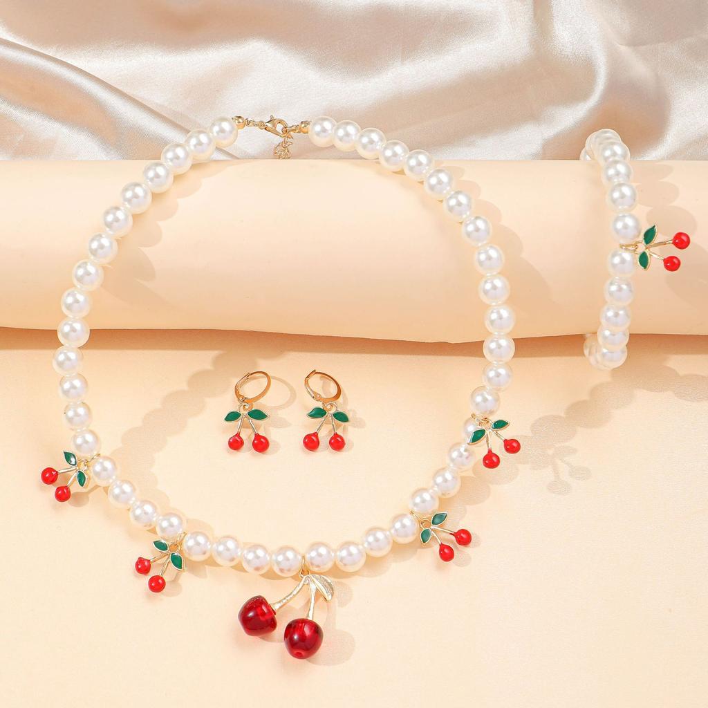 Sweet Cherry Necklace And Earring Set For Women Cute Fruit Jewelry Summer Accessories